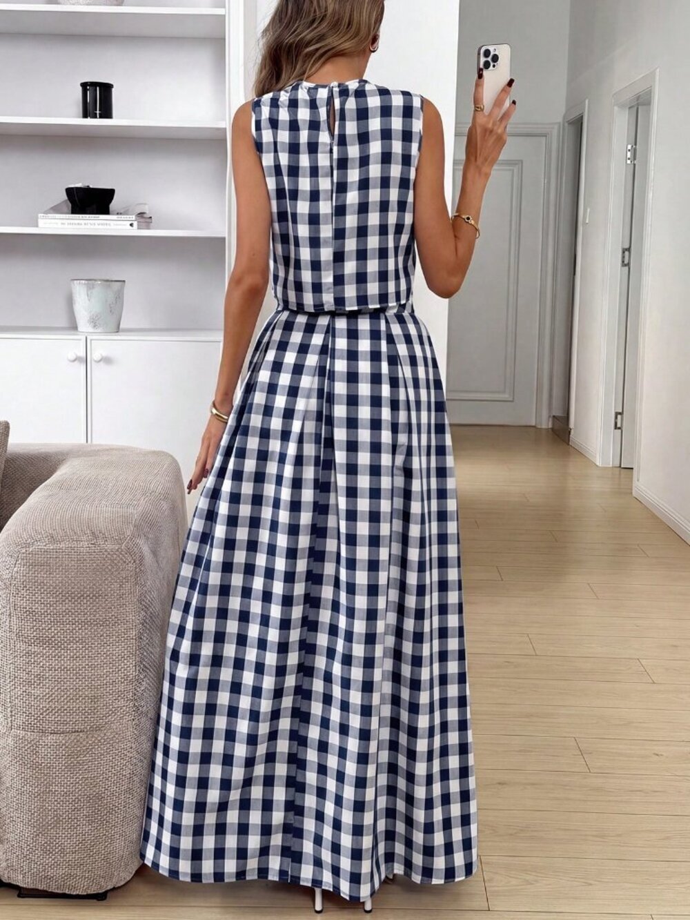 Navy Blue Casual Women's Plaid Print Sleeveless Top And Skirt 2-Piece Set - Picture 5 of 6